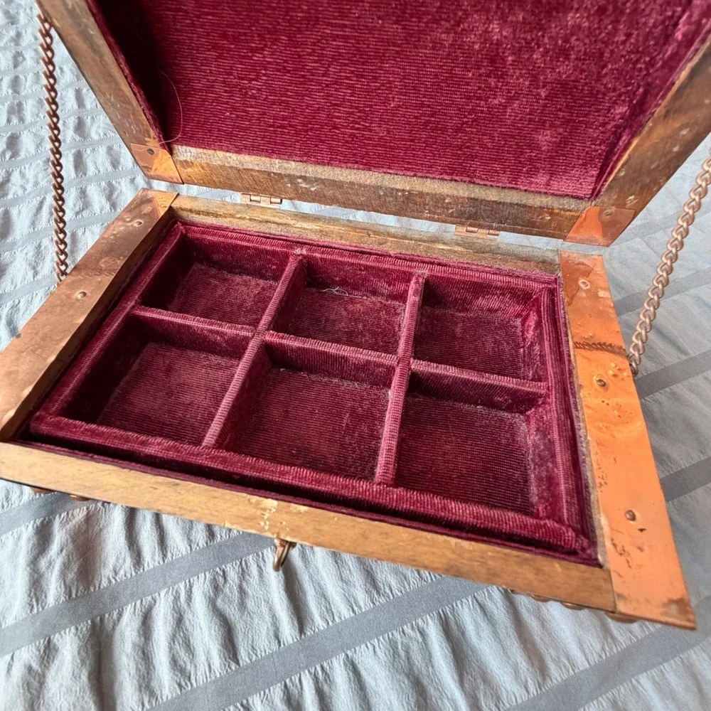 Vintage Wooden Treasure Chest Jewelry Box Burgundy Velvet Lining Copper Trim